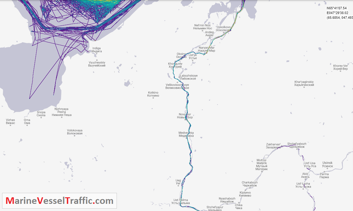 Live Marine Traffic, Density Map and Current Position of ships in PECHORA RIVER